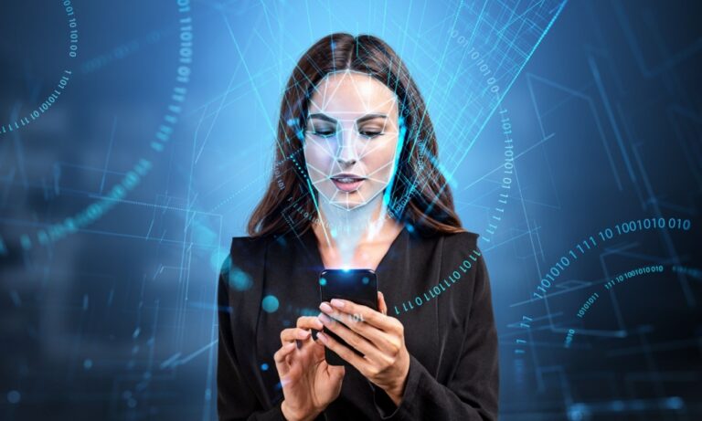 businesswoman typing on phone biometric verification face